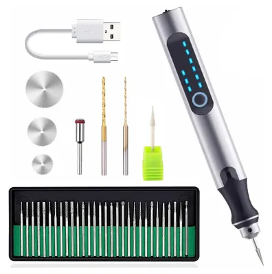 Produktbild von Elektrisches Gravurstift Set kabellos, USB, Mini Schleifstift mit Geschwindigkeitsregelung für Metall, Holz und Glas