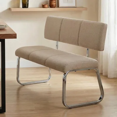 Produktbild von Esszimmerbank VILAS für 3 Personen mit Stoffbezug, beige - verchromtes Metallgestell, Sitzbank für Esszimmer mit Rückenlehne komfortabel gepolstert, Essbank für Küche