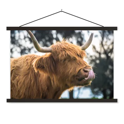 Produktbild von MuchoWow® Textilposter Schottischer Highlander - Nase - Baum 90x60 cm mit schwarzem Rahmen - Aufhängungssatz