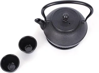 Productafbeelding van Famanu Teeset Vintage - Gietijzeren theepot van 1,1 liter met zeef, onderzetter en 2 kopjes, zwart