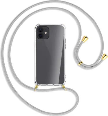 Produktbild von Handykette Backcover-Schutzhülle mit Band (Metall goldfarben) für Apple iPhone 12, 12 Pro - silbergrau