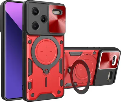 Produktbild von Handyhülle für Xiaomi Redmi Note 13 Pro+ 5G Dual-Layer Stoßfest Rüstung Hülle mit Dia Kameraschutz und Kreisförmig Ring Ständer Rot