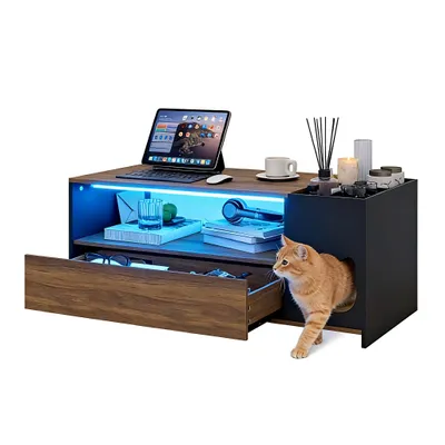 Produktbild von Puluomis Couchtisch mit Schublade, RGB LED Beleuchtung und Fernbedienung, Kaffeetisch mit Katzenhaus, Katzentisch Großes Staufach , für Wohnzimmer