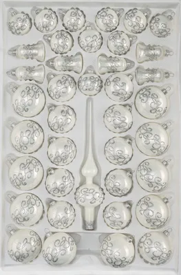 Produktbild von 39 tlg. Glas-Weihnachtskugeln Set in Hochglanz-Weiss-Silberne-Ornamente