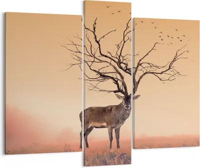 Produktbild von Bild auf Leinwand - Leinwandbild - Hirsch Baum Nebel Wald - 95x80cm - Wand Bild - Wanddeko - Leinwanddruck - Bilder - Kunstdruck - Wanddekoration - Leinwand bilder - Wandkunst - CB95x80-3127