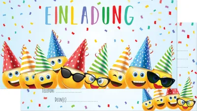 Produktbild von Friendly Fox Einladung Party Emoji - 12 Smiley Einladungskarten Geburtstag Kinder Junge Mädchen - Einladung Kindergeburtstag - Partyeinladung Smiley - inkl. passende Umschläge