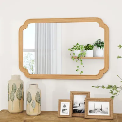 Produktbild von COSTWAY Rechteckiger Spiegel mit Holzrahmen, 90x60 cm, Wandspiegel im Bauernhaus, Hängespiegel dekorativ, Spiegel groß für Wohnzimmer, Schlafzimmer