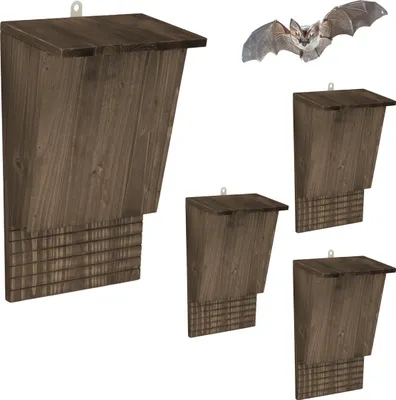 Immagine prodotto di Relaxdays Casetta per pipistrelli, set da 4, rifugio per pipistrelli, L x P x A 34 x 22,5 x 12,5 cm, hotel per pipistrelli, legno, marrone
