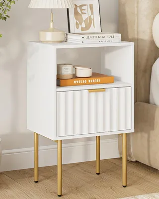 Produktbild von Nachttisch mit Schublade – Moderner Beistelltisch – Schlafzimmermöbel zur Aufbewahrung – Goldfarbener Rahmen – 39x29x64 cm – Weiß