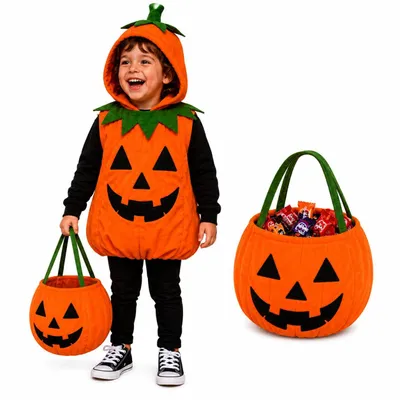 Produktbild von Kürbis Kostüm Kinder ab 3 Jahren – Halloween Kostüm mit Tragetasche