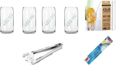 Produktbild von "4er" Set 400ml Bierglas in Dosenform Wassergläser Longdrinkgläser Trinkgläser mit Glashalmen Universalgläser Saftgläser Gläser Set Weingläser ohne Stiel für Wasser Bier Getränke Cocktails