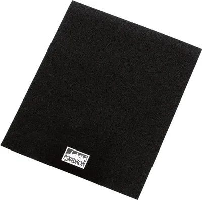 A black anti-slip pad for a saddle, with a logo in the bottom left corner.