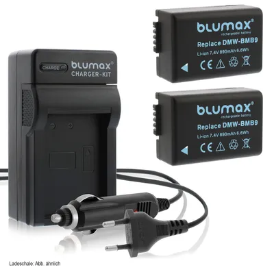 Produktbild von 2x Akku + Lader für Panasonic DMW-BMB9  Lumix  DMC-FZ150, DC-FZ82  890 mAh