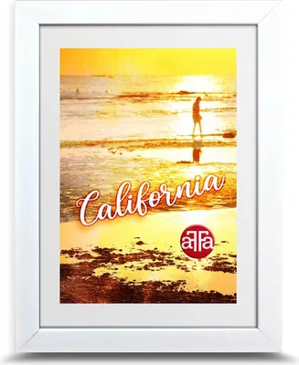 A framed picture of a beach sunset with the word "California" and a logo.