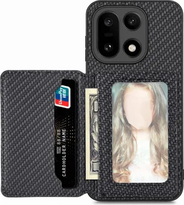 Produktbild von Kunstleder Kartenfach Hülle für OnePlus 15 Carbon Optik magnetisch Schwarz