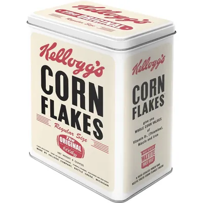 A vintage-style tin of Kellogg's Corn Flakes.