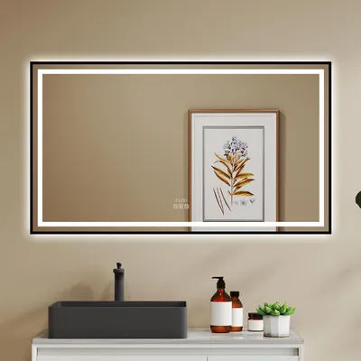 Produktbild von LED Badspiegel 160×80cm mit Beschlagfrei Bluetooth Uhr 3 Lichfarbe dimmbar Spiegel mit Schwarzem Rahmen