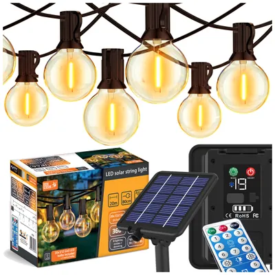 Obrázek produktu pro MasterLED Solární LED světelná řetězová dekorace do exteriéru, 20 m, s 20 žárovkami E12 G40, senzorem soumraku, teplá bílá 2700 K, IP44, dálkové ovládání