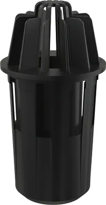 A black plastic drain trap insert with a ribbed, cage-like top.
