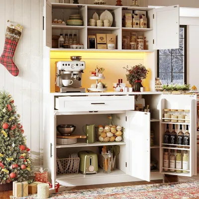 Image de Armoire de cuisine, meuble de rangement avec éclairage LED et prise électrique, dimensions 110x38x180 cm, blanc