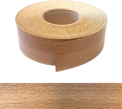 A roll of wood-effect edge banding tape is shown against a white background, with a close-up of the wood grain pattern below.