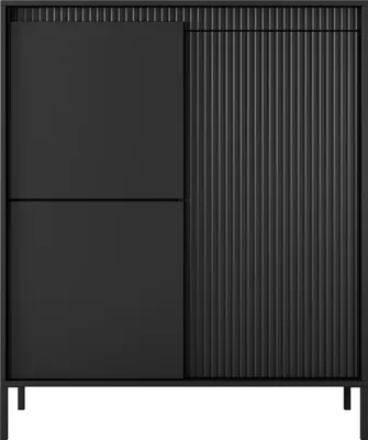 Image de SENSO, meuble haut à 3 portes, façades en MDF rainurées, système d'ouverture par simple pression, couleur noire, pieds en métal, dimensions : 103,5 x 123,4 x 39,5 cm