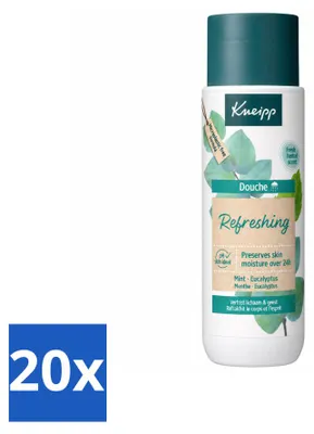 Immagine prodotto di 20 flaconi di gel doccia Kneipp, rinfrescante, con menta ed eucalipto, da 200 ml ciascuno. Confezione da 20 pezzi