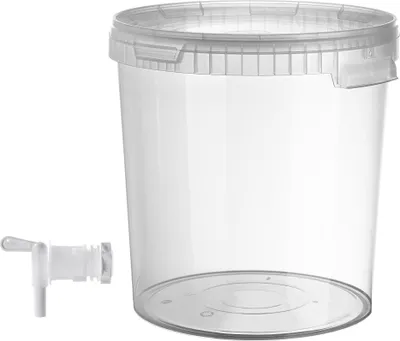 A transparent plastic bucket with a lid and a separate white tap.