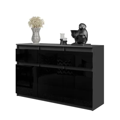 Obrázok produktu pre NOAH - Komoda / príborník s 3 zásuvkami a 3 dvierkami - antracit / čierny vysoký lesk - výška 75 cm, šírka 120 cm, hĺbka 35 cm