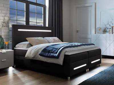 Obrázek produktu pro Boxspringová manželská postel 160x200 MARIELA - černá  + topper a LED osvětlení