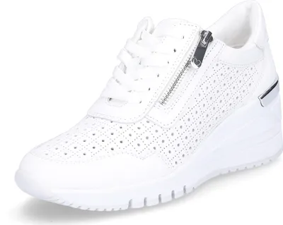 A white wedge sneaker is shown against a white background.