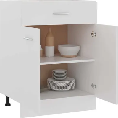 A white cabinet with its doors open, showing shelves with dishes and bottles.