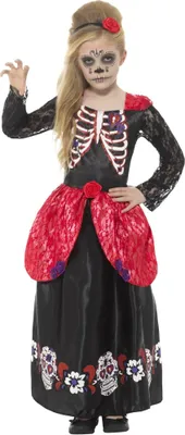 Produktbild von Smiffys - "Deluxe" Kostüm für Mädchen - Tag der Toten SM2310 (128-134) (Schwarz/Rot)