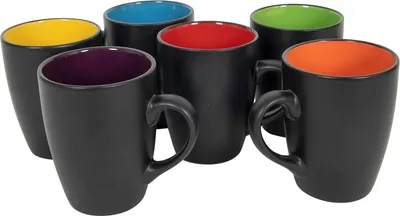 Produktbild von Porzellan Kaffeetasse 6er Set 340 ml - schwarz matt / farbig - Kaffeenecher Teetasse mit Henkel