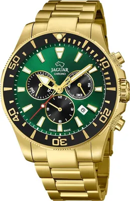 A close-up studio shot of a gold-colored Jaguar chronograph watch with a green dial.