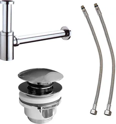 Produktbild von Waschtisch-Anschluss Spar-Set mit Siphon, Pop-Up Ventil und 2 Flexschläuchen
