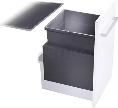 A kitchen bin system is shown, with a drawer pulled out to reveal the bins and a lid hovering above.