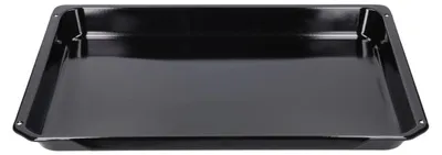 A top-down view of a black baking tray.