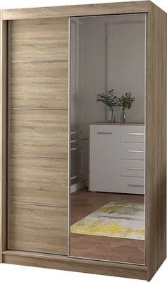 Produktbild von Kleiderschrank mit Spiegel Schwebetürenschrank 2-türig Schrank mit vielen Einlegeböden und Kleiderstange Gaderobe Schiebtüren Schlafzimmer- Wohnzimmerschrank Modern Design BxHxT 120 cm x 200 cm x 61 cm - Noah 05 (Sonoma)