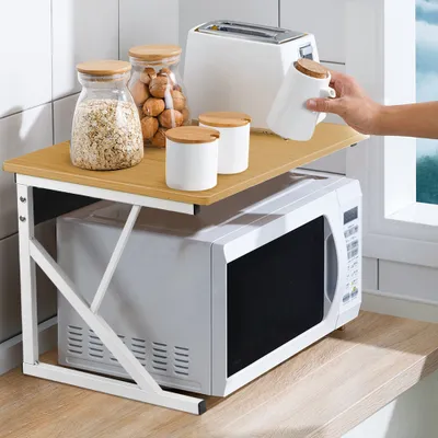 Image de Support pour micro-ondes Étagère de cuisine Étagère à épices en bois et acier 54x34.5x35cm couleur bois