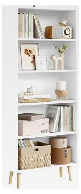 Produktbild von Bücherregal mit 5 Fächern, Standregal in Weiß, Aufbewahrungsregal für Wohnzimmer, Schlafzimmer, Küche und Büro, 60 x 144 x 24 cm