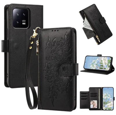 Produktbild von Handyhülle für Xiaomi 13, Wallet Case Kunstleder mit Kartenfächern, Reißverschluss und Handschlaufe Schwarz