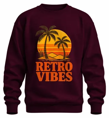 Imagen del producto de Estilo retro, palmeras, playa, atardecer, verano, vacaciones, diseño vintage, sudadera, color burdeos, talla S