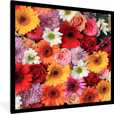 Produktbild von MuchoWow® Gerahmtes Poster Blumen - Farben - Gerbera - Rosen 40x40 cm - Poster mit Schwarzem Bilderrahmen Wandposter Rahmen Foto Bilder - Mit Rahmen - Wanddekoration Schlafzimmer