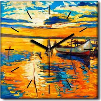 Produktbild von Coloray Uhr auf Leinwand 30x30 cm Wand Uhr Dekoration Wohnzimmer Segeltuch schwarze Hände -Sunset Lake.