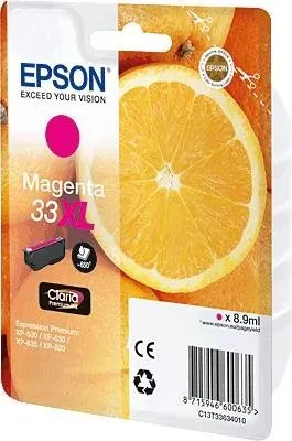 The image shows the packaging of an Epson magenta ink cartridge, featuring a slice of orange and the Epson logo.