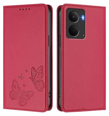 Image de Étui en cuir pour Realme 14 5G, étui de protection type portefeuille en cuir gaufré motif papillon avec support, rouge