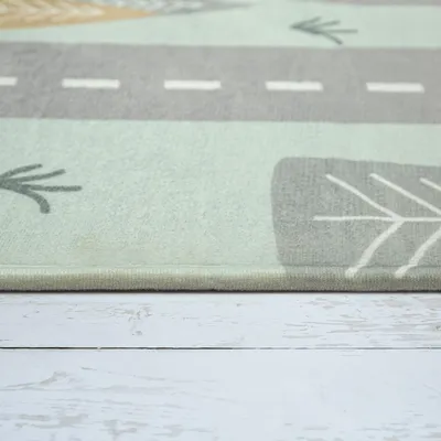 Produktbild von Kinderteppich Teppich Kinderzimmer Spielmatte Straße Bär Elch Bäume Grün Grau Grösse 120 cm Rund