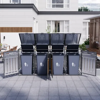 Productafbeelding van Containerberging met 4 aparte vakken, hydraulisch klapdeksel, afsluitbare deuren in verticale houtlook, ventilatieopeningen en weerbestendig ijzeren frame, zwart