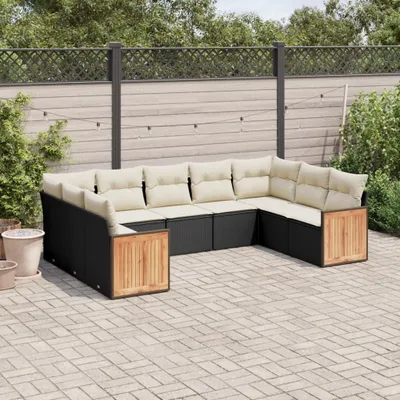 Produktbild von Design 9-tlg. Garten-Sofagarnitur mit Kissen Schwarz Poly Rattan, Gartenmöbel-Sets 2024 Neu